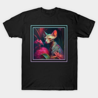 Wrinkled Sphynx Cat Vibrant Tropical Flower Digital Oil Painting Portrait T-Shirt